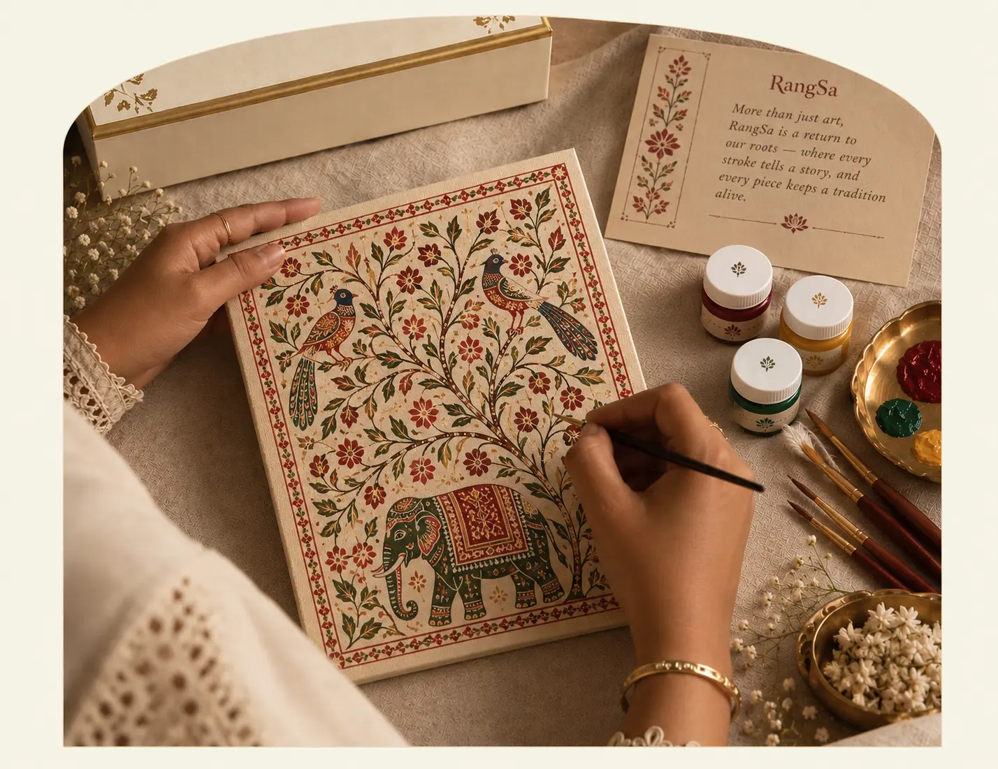Hands painting a traditional Indian artwork of an elephant and peacocks with a fine brush, beside RangSa paint pots, brushes and the kit box