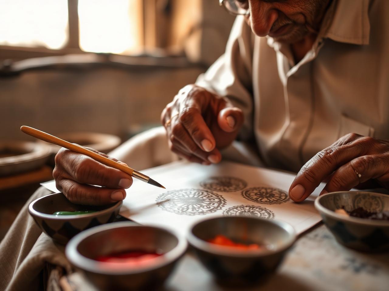 An Indian artisan hand-painting traditional motifs with natural pigments
