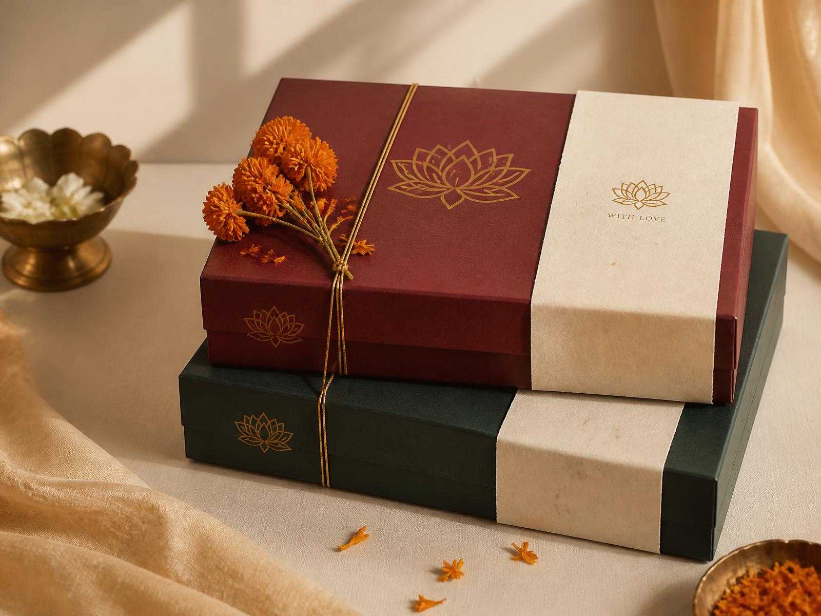 Maroon and deep green RangSa gift boxes with gold lotus foiling