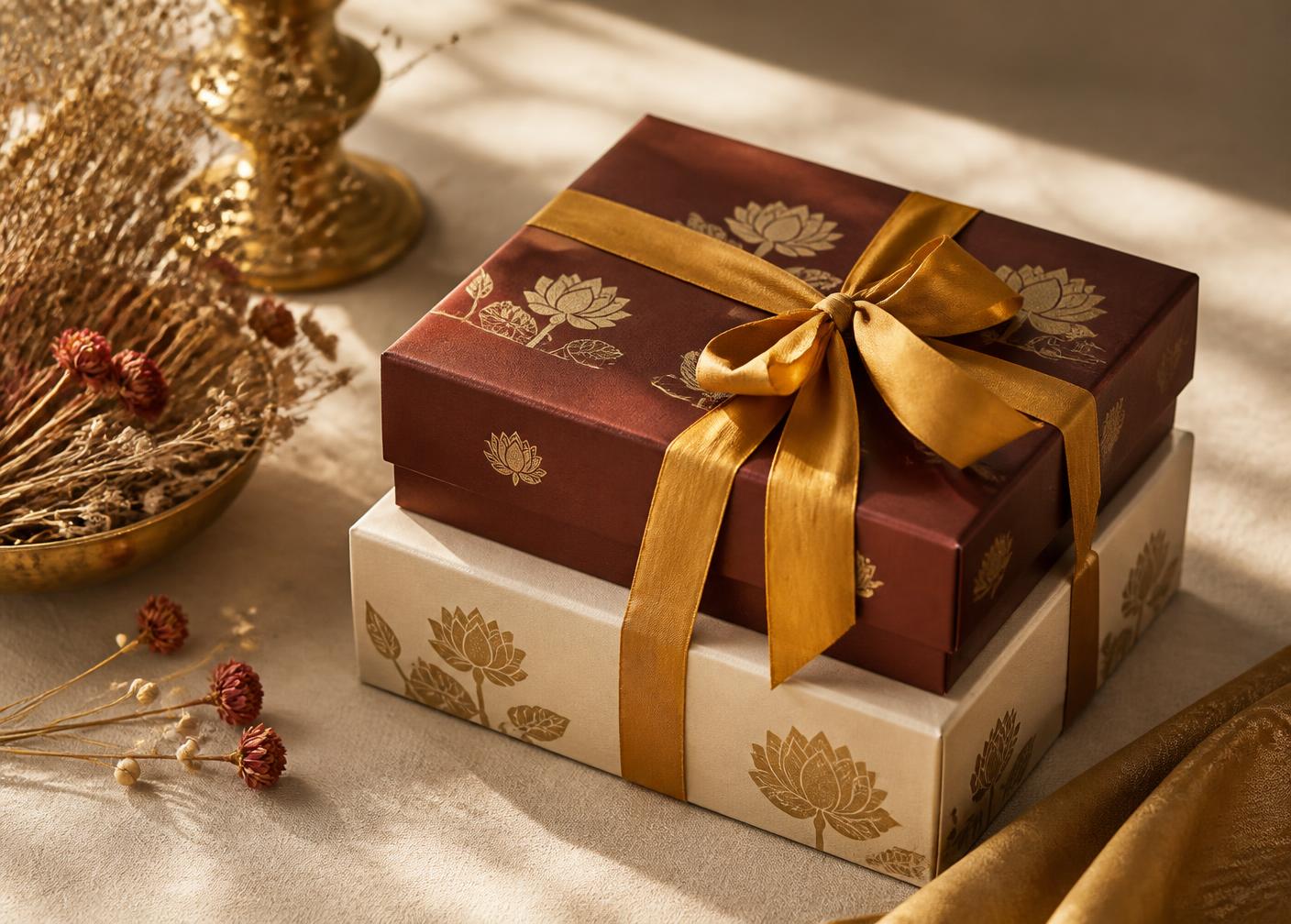 Maroon and cream RangSa gift boxes with gold lotus block print