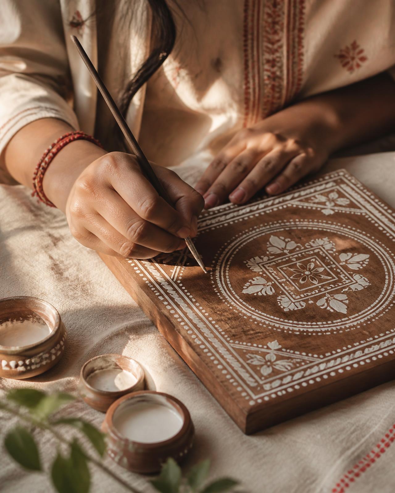 Hands painting fine white patterns onto a wooden panel