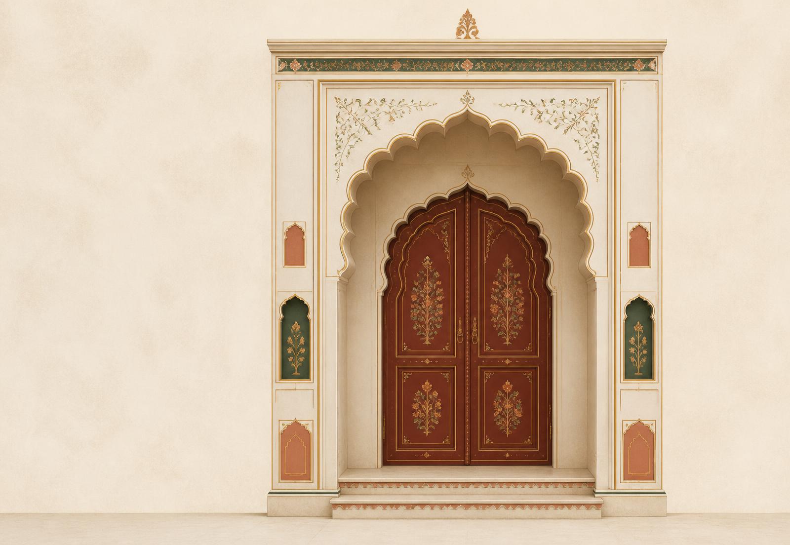 Illustrated Rajasthani haveli entrance with painted maroon doors